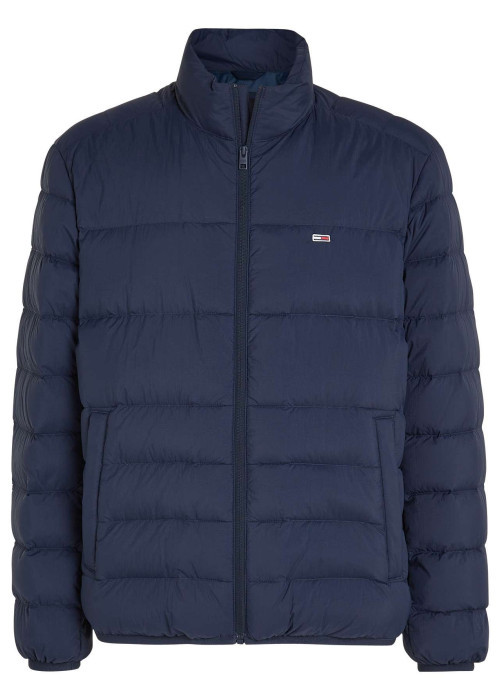 Doudoune marine unie droite à col montant zippé et logo sur la poitrine