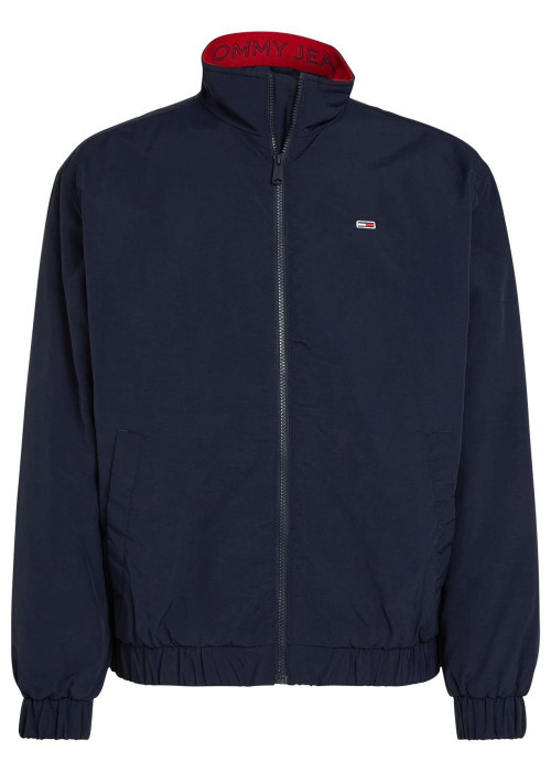 Blouson marine uni à coupe droite, col montant zippé et logo brodé