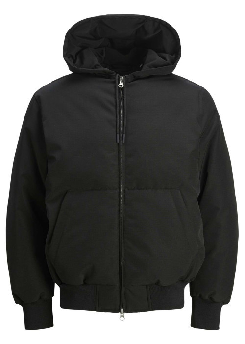 Blouson noir uni à coupe droite avec un col à capuche et fermeture zippée