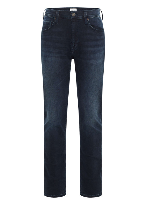 Jean en coton bleu indigo délavé avec une taille mi-haute et une coupe slim