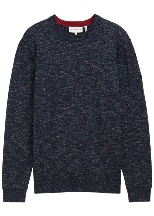 Pull marine uni avec une coupe droite, col rond et à manches longues