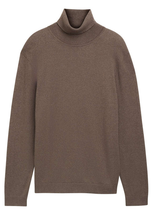 Pull en coton marron uni avec une coupe droite et un col roulé