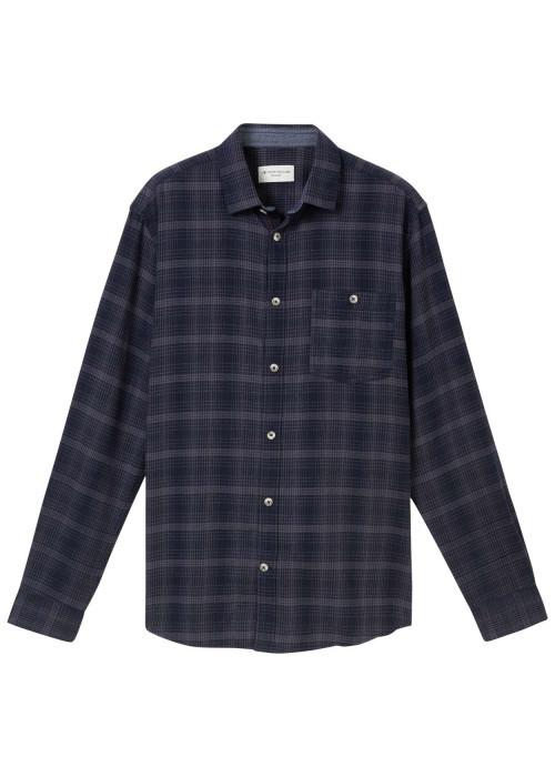 Chemise marine à carreaux droite à col français et à manches longues
