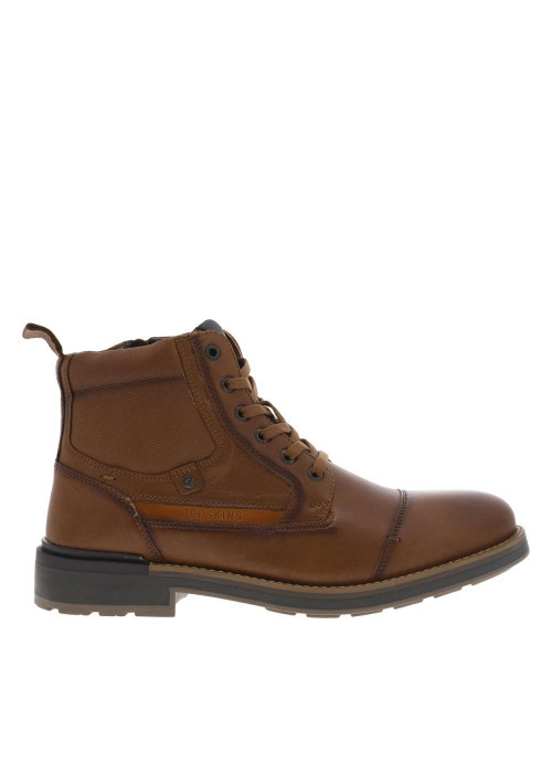 Bottines en cuir cognac à talon plat et à lacets plats et zip latéral