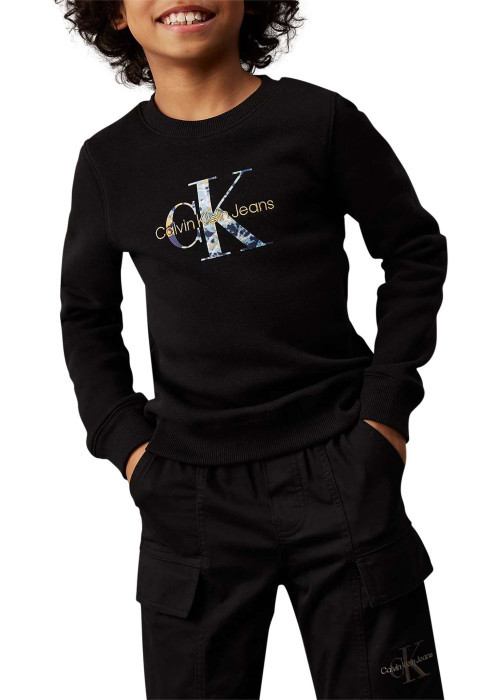 Sweat en coton mélangé noir monogrammes avec un col rond et nom iconique