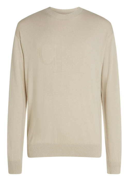 Pull en coton beige uni avec une coupe droite et logo embossé