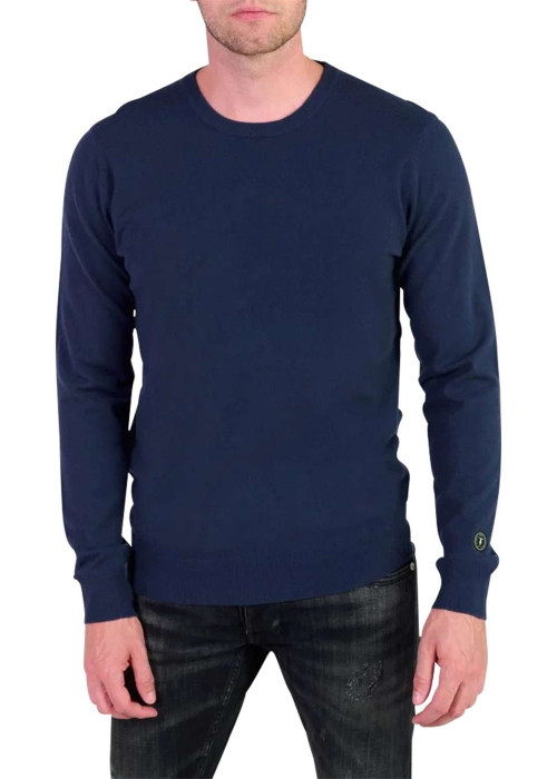 Pull bleu marine en maille uni avec une coupe près du corps et un col rond