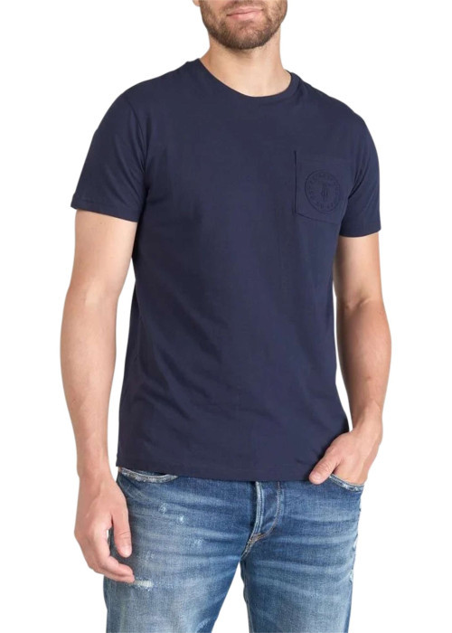 T-shirt en coton bleu marine uni à col rond avec une petite poche à la poitrine