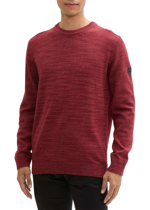 Pull bordeaux uni avec un col rond à coupe droite et un patch d'authenticité