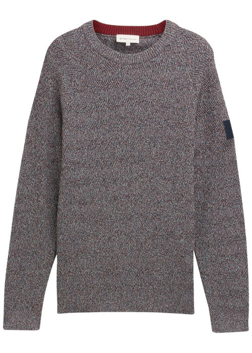 Pull en coton marine moucheté droit à col rond en mailles zigzag