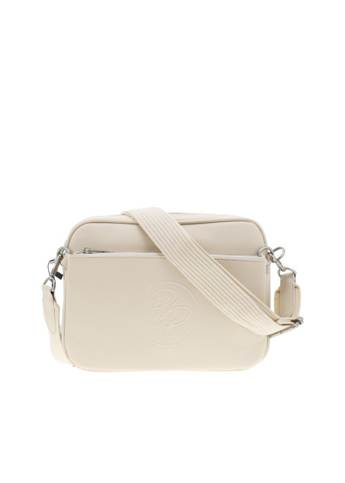 Sacoche écrue unie zippée avec bandoulière réglable en tissu et logo embossé