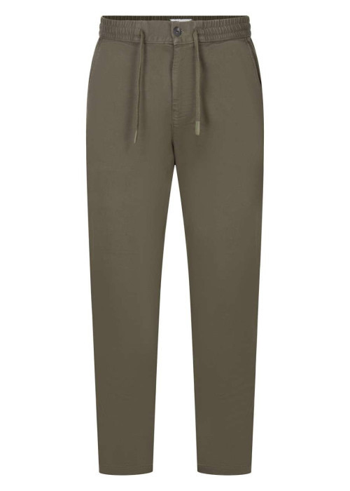 Pantalon en coton mélangé kaki uni avec une coupe droite et un lien de serrage
