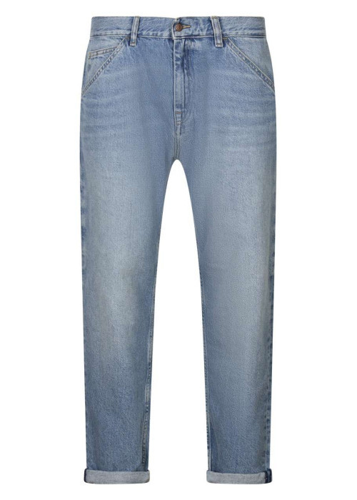 Jean en coton bleu avec une coupe droite et une fermeture zippée avec bouton
