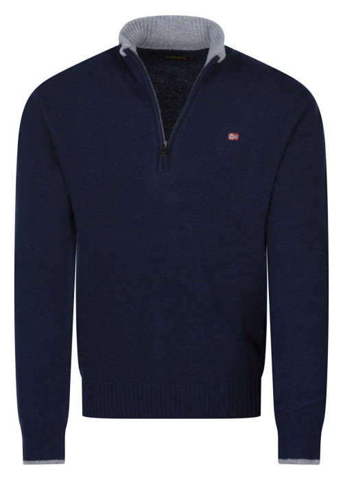 Pull en laine bleu marine uni avec un col montant et zippé et une coupe droite