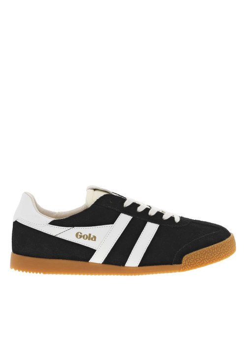 Baskets tennis noires en cuir à semelle camel avec lacets plats et logo doré