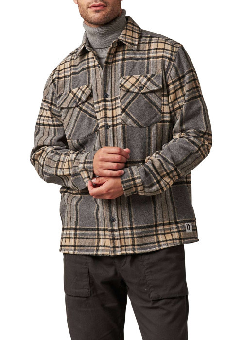 Chemise grise à carreaux droite à col français et à manches longues
