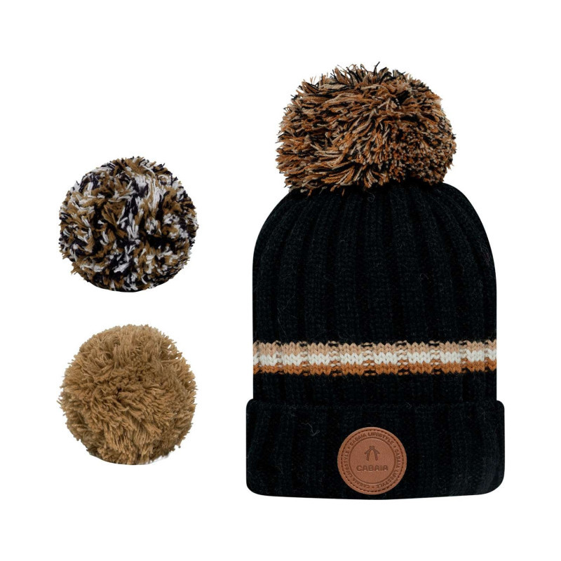 Cabaia - Bonnet Chocolate Milk Noir Rayé Avec Trois Pompons Interchangeables - Noir Cabaia - Bonnet Chocolate Milk Noir Rayé Avec Trois Pompons Interchangeables - Noir