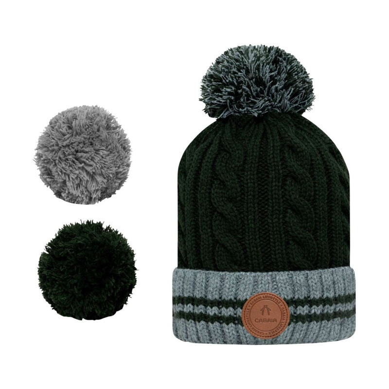 Cabaia - Bonnet Kaki Uni Avec Revers Gris à Liseré Vert Et Pompons Interchangeables - Kaki Cabaia - Bonnet Kaki Uni Avec Revers Gris à Liseré Vert Et Pompons Interchangeables - Kaki