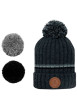 Thumbnail Bonnet anthracite uni à revers avec liserés gris foncés et pompons