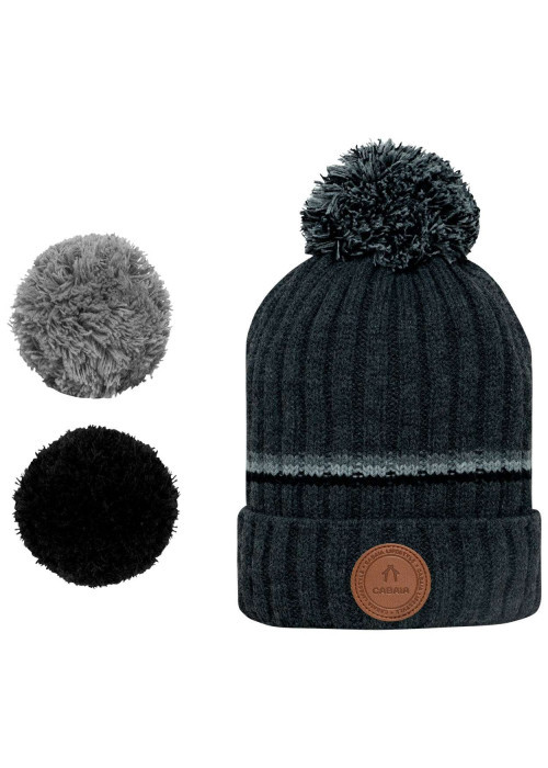 Bonnet anthracite uni à revers avec liserés gris foncés et pompons