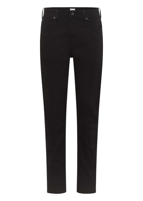 Jean Vegas en coton noir avec une coupe slim, cinq poches et marque métallique