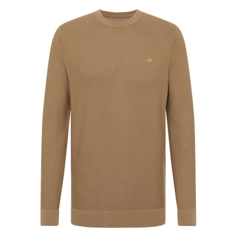 Mustang - Pull En Coton Beige Uni Droit à Col Rond Et à Manches Longues Avec Bord-côte - Beige Mustang - Pull En Coton Beige Uni Droit à Col Rond Et à Manches Longues Avec Bord-côte - Beige