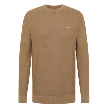 Pull en coton beige uni droit à col rond et à...