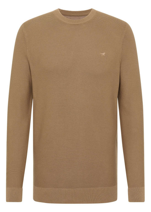 Pull en coton beige uni droit à col rond et à manches longues avec bord-côte