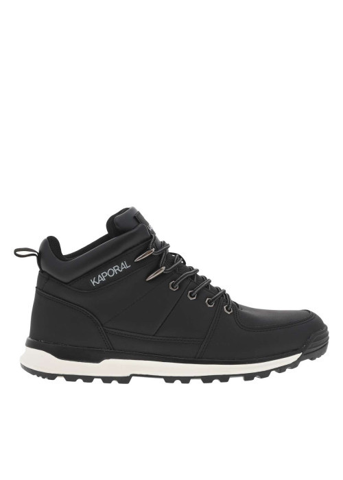Bottines noires à talon plat avec semelle noire et blanche, logos et lacets gris