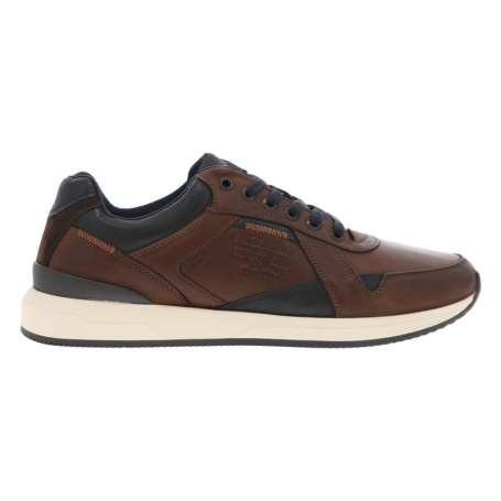Sneakers en cuir cognac et marine à talon plat...