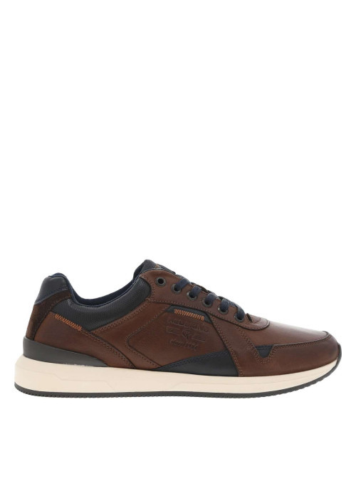 Sneakers en cuir cognac et marine à talon plat avec lacets plats et logo embossé