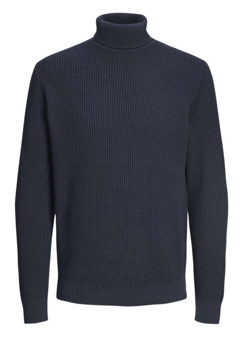 Pull en coton biologique marine uni à coupe droite avec col roulé gaufré