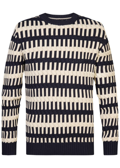 Pull en coton écru à rayures et coupe droite, col rond et manches longues