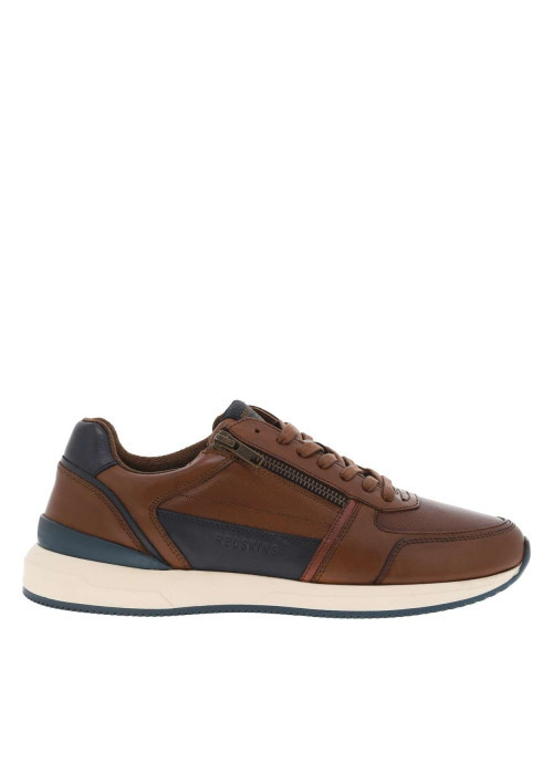 Sneakers en cuir cognac à talon plat et à lacets plats enduits et zip latéral