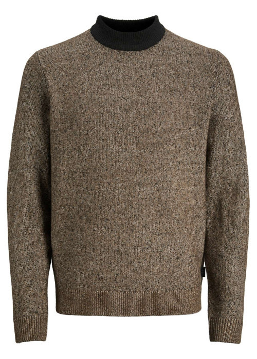 Pull en laine mélangée camel moucheté avec une coupe droite et un col montant