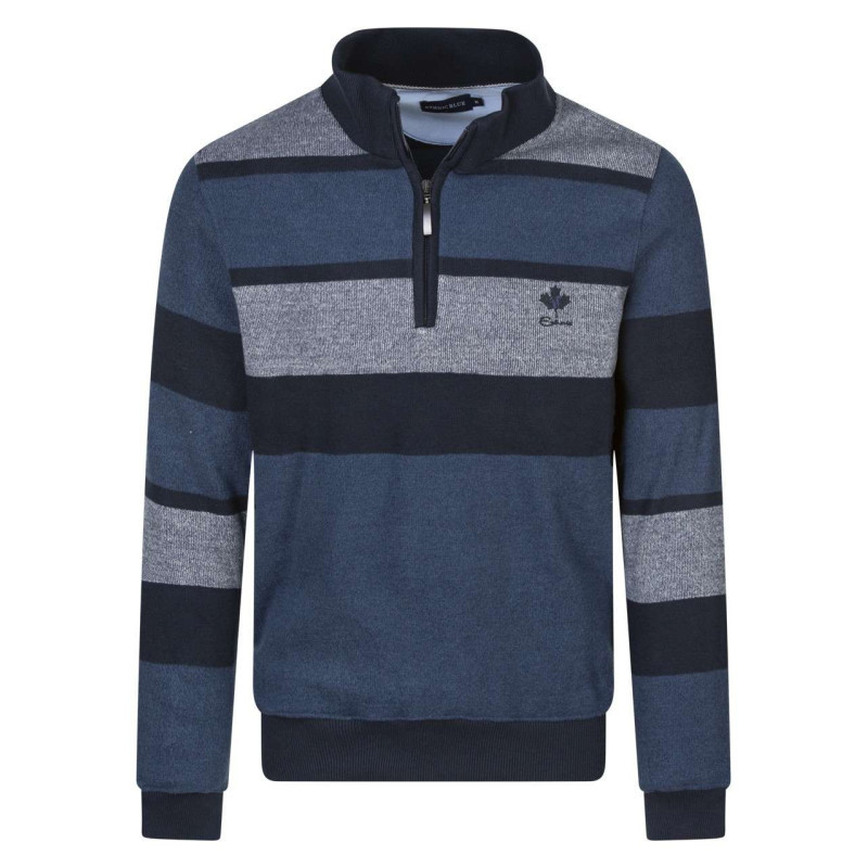 Ethnic Blue - Sweat Bicolore Avec Un Col Montant Et Zippé Et Des Rayures Larges - Bleu