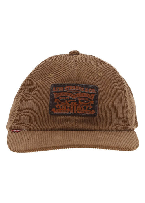 Casquette taupe unie en velours côtelé avec patch de la marque en cuir