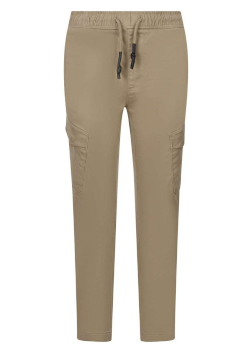 Pantalon en coton mélangé beige uni avec une coupe droite et des poches
