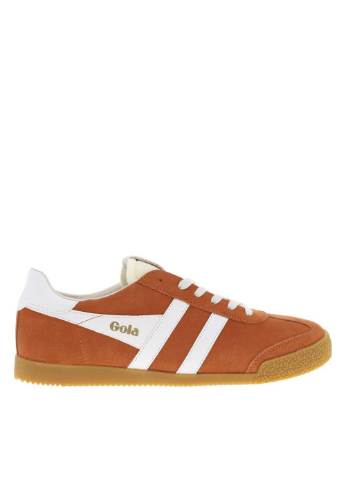 Baskets tennis orange en cuir avec lacets plats, logo doré et semelle marron