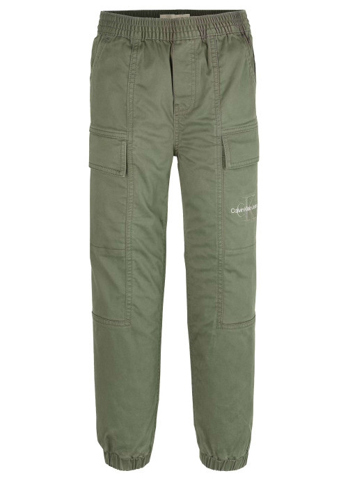 Cargo en coton kaki uni à taille et ourlets élastiqués et avec une coupe slim