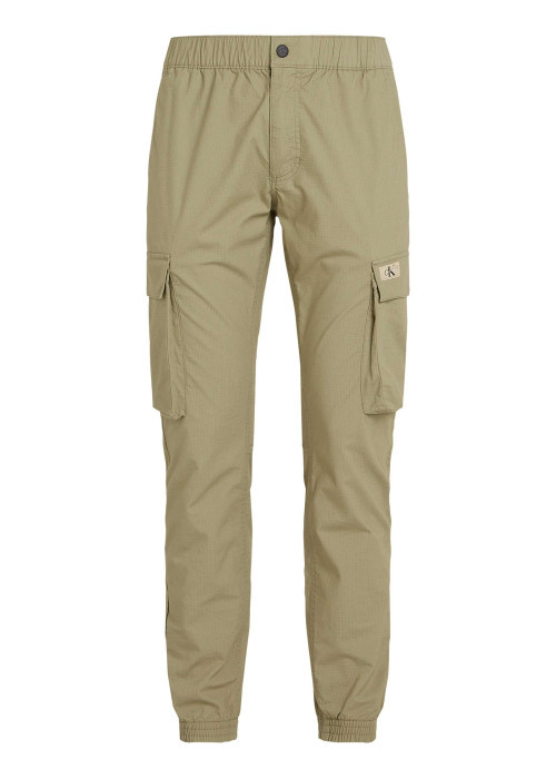 Cargo en coton kaki uni avec une coupe slim et une taille élastiquée