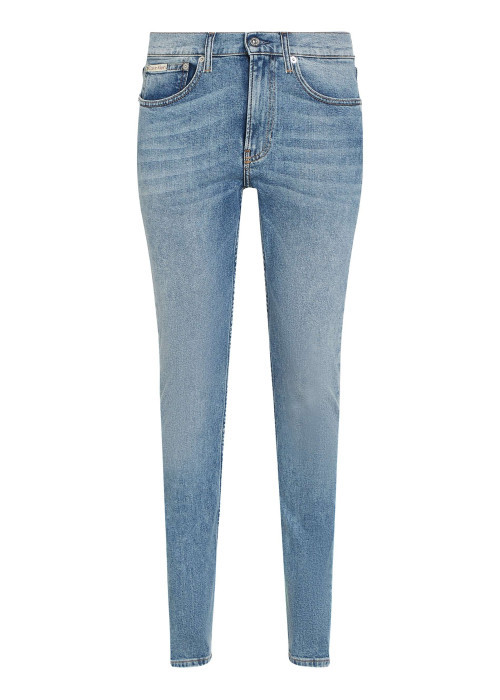 Jean en coton bleu stone délavé avec une coupe slim et une taille intermédiaire