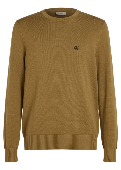 Pull en coton kaki uni en maille avec une coupe ajustée et un col rond