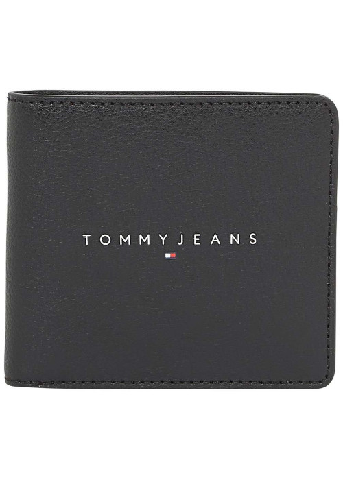 Portefeuille noir uni avec le nom de la marque à l'avant et compartiments