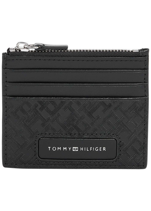 Porte-cartes noir uni en cuir avec une fermeture zippée et nom iconique