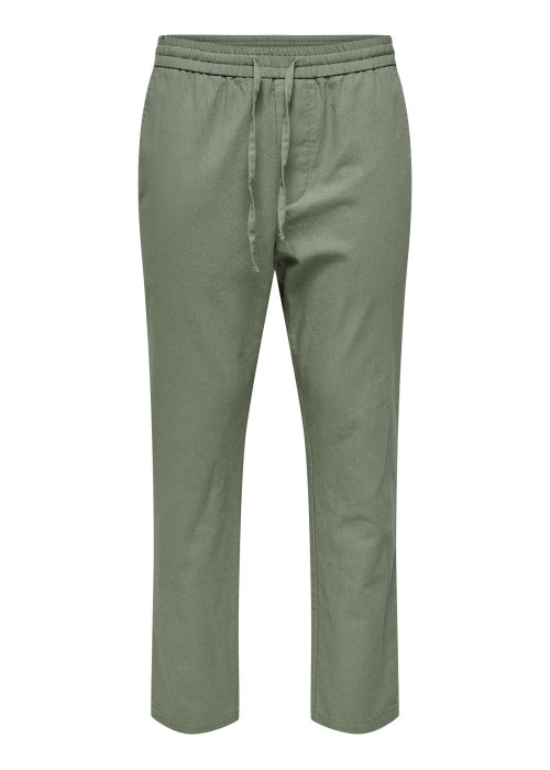 Pantalon chino crop en coton et lin mélangé vert tilleul uni avec une coupe slim