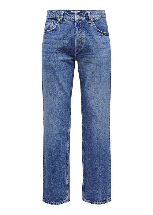 Jean en coton bleu délavé avec une coupe regular fit et une braguette à boutons