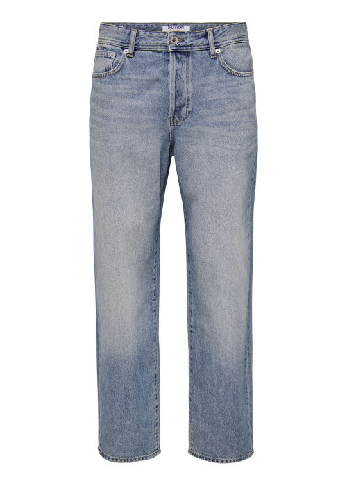 Jean en coton bleu délavé avec une coupe baggy et des passants à la taille