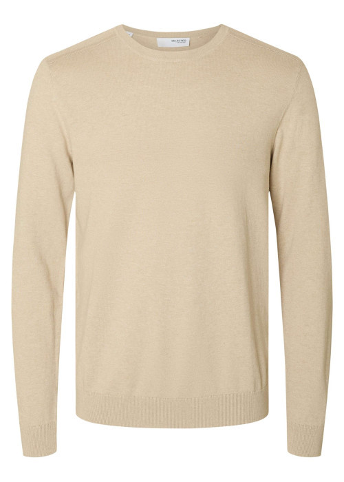 Pull fin en coton beige chiné avec une coupe droite et un col rond