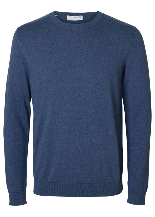 Pull fin en coton bleu indigo chiné avec une coupe droite et un col rond